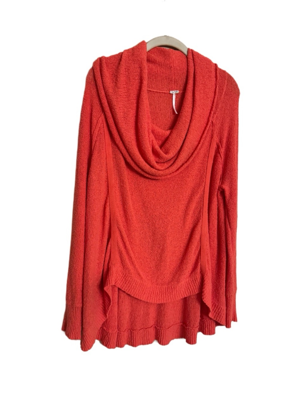 FREE PEOPLE Long Sleeve Knit Sweater Womens M Cowl Neck Orange Asymmetrical Hem